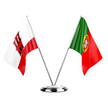 Two table flags isolated on white background 3d illustration, gibraltar and portugal