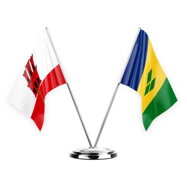 Two table flags isolated on white background 3d illustration, gibraltar and saint vincent and the grenadines