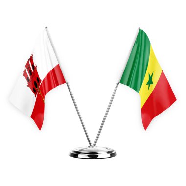 Two table flags isolated on white background 3d illustration, gibraltar and senegal