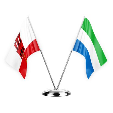 Two table flags isolated on white background 3d illustration, gibraltar and sierra leone