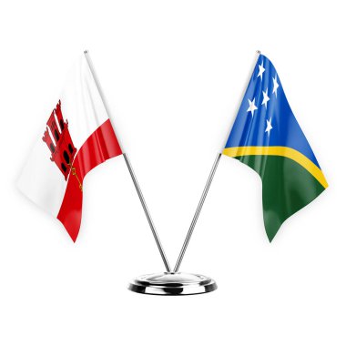 Two table flags isolated on white background 3d illustration, gibraltar and solomon islands
