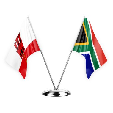 Two table flags isolated on white background 3d illustration, gibraltar and south africa