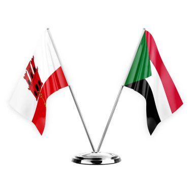 Two table flags isolated on white background 3d illustration, gibraltar and sudan