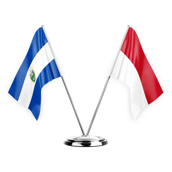 Two table flags isolated on white background 3d illustration, el salvador and monaco