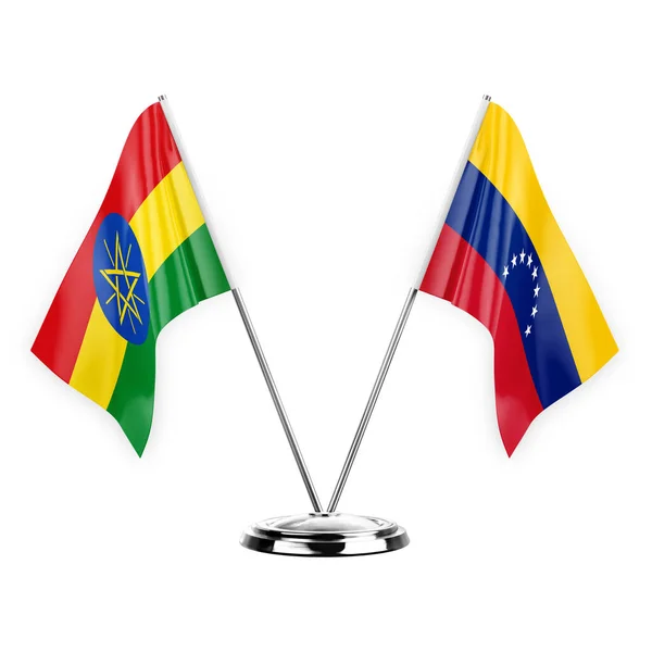 白の背景の3Dイラスト エチオピア ベネズエラに隔離された2つのテーブルフラグ — ストック写真