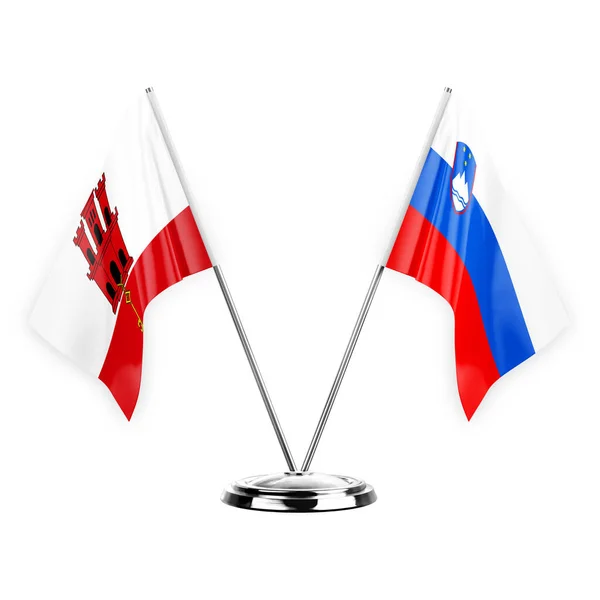 Two Table Flags Isolated White Background Illustration Gibraltar Slovenia — Stock Photo, Image