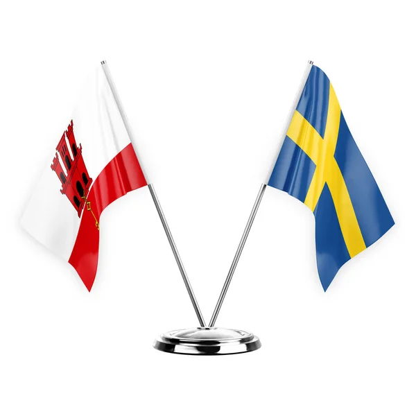 Two Table Flags Isolated White Background Illustration Gibraltar Sweden — Stockfoto