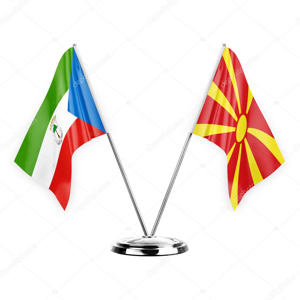 Two table flags isolated on white background 3d illustration, equatorial guinea and north macedonia