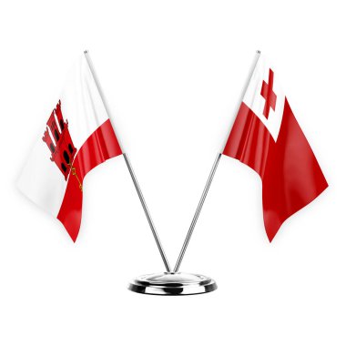 Two table flags isolated on white background 3d illustration, gibraltar and tonga