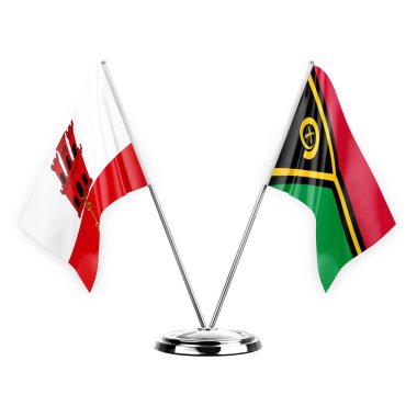 Two table flags isolated on white background 3d illustration, gibraltar and vanuatu