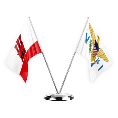 Two table flags isolated on white background 3d illustration, gibraltar and virgin islands