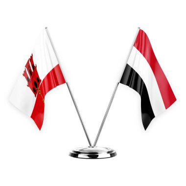 Two table flags isolated on white background 3d illustration, gibraltar and yemen
