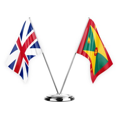Two table flags isolated on white background 3d illustration, great britain and grenada