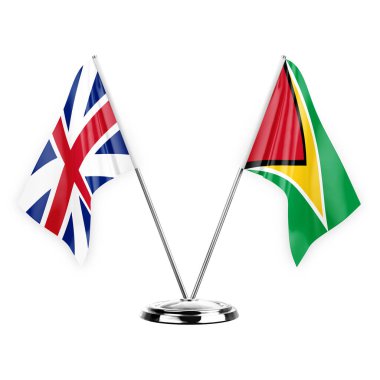 Two table flags isolated on white background 3d illustration, great britain and guyana