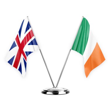 Two table flags isolated on white background 3d illustration, great britain and ireland