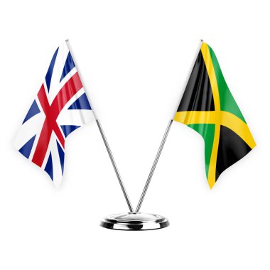 Two table flags isolated on white background 3d illustration, great britain and jamaica
