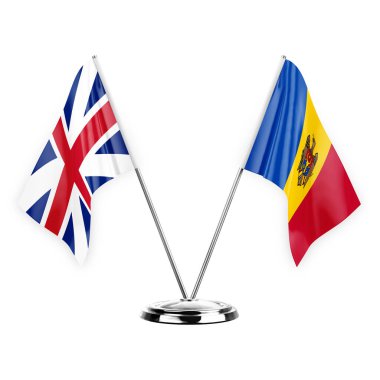 Two table flags isolated on white background 3d illustration, great britain and moldova