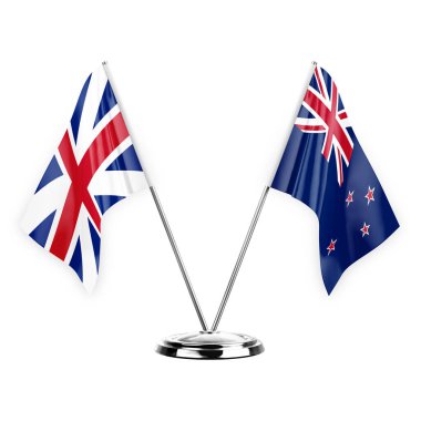 Two table flags isolated on white background 3d illustration, great britain and new zealand