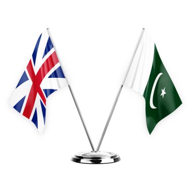 Two table flags isolated on white background 3d illustration, great britain and pakistan