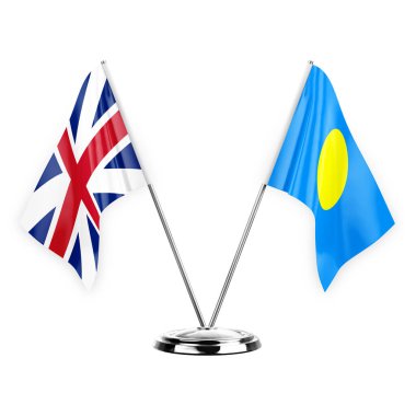 Two table flags isolated on white background 3d illustration, great britain and palau