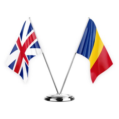 Two table flags isolated on white background 3d illustration, great britain and romania