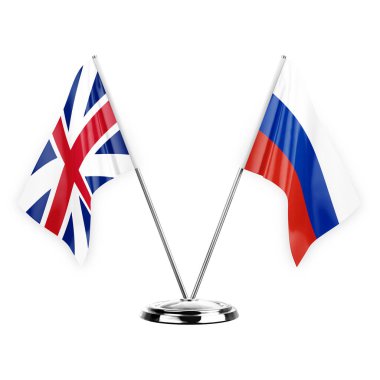 Two table flags isolated on white background 3d illustration, great britain and russia