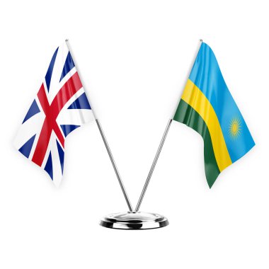 Two table flags isolated on white background 3d illustration, great britain and rwanda