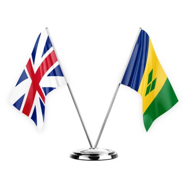 Two table flags isolated on white background 3d illustration, great britain and saint vincent and the grenadines