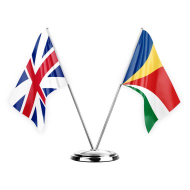 Two table flags isolated on white background 3d illustration, great britain and seychelles