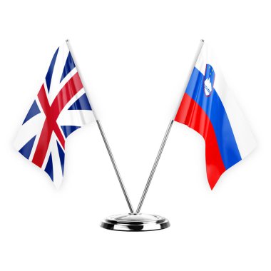 Two table flags isolated on white background 3d illustration, great britain and slovenia