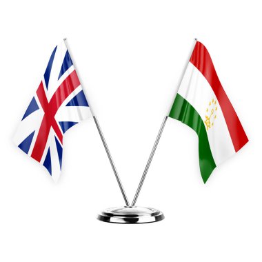 Two table flags isolated on white background 3d illustration, great britain and tajikistan