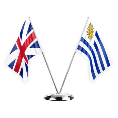 Two table flags isolated on white background 3d illustration, great britain and uruguay