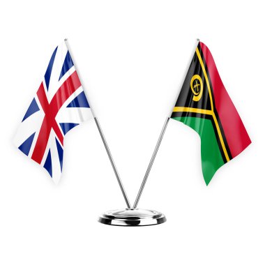 Two table flags isolated on white background 3d illustration, great britain and vanuatu
