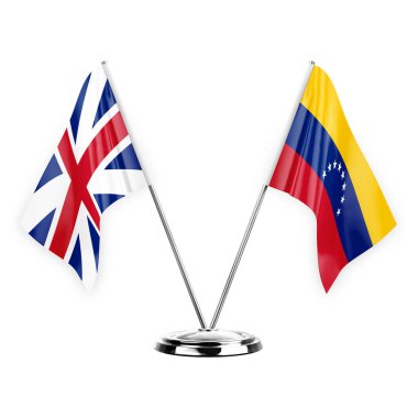 Two table flags isolated on white background 3d illustration, great britain and venezuela