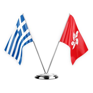 Two table flags isolated on white background 3d illustration, greece and hong kong
