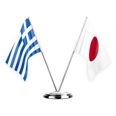 Two table flags isolated on white background 3d illustration, greece and japan