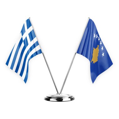 Two table flags isolated on white background 3d illustration, greece and kosovo