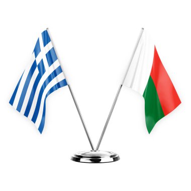 Two table flags isolated on white background 3d illustration, greece and madagascar