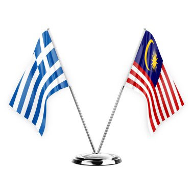 Two table flags isolated on white background 3d illustration, greece and malaysia