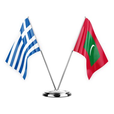 Two table flags isolated on white background 3d illustration, greece and maldives