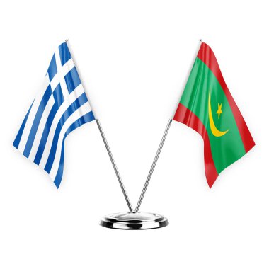 Two table flags isolated on white background 3d illustration, greece and mauritania