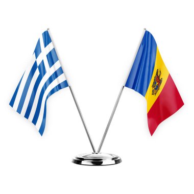 Two table flags isolated on white background 3d illustration, greece and moldova