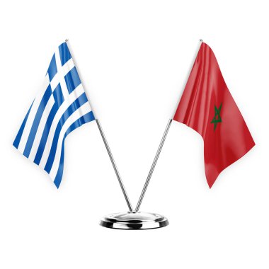 Two table flags isolated on white background 3d illustration, greece and morocco