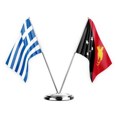 Two table flags isolated on white background 3d illustration, greece and papua new guinea