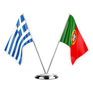 Two table flags isolated on white background 3d illustration, greece and portugal