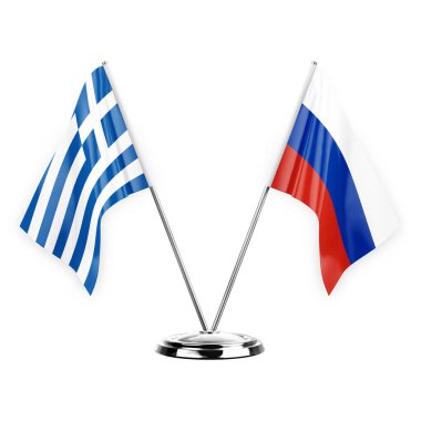 Two table flags isolated on white background 3d illustration, greece and russia