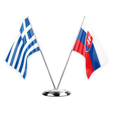 Two table flags isolated on white background 3d illustration, greece and slovakia