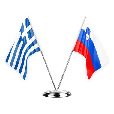 Two table flags isolated on white background 3d illustration, greece and slovenia