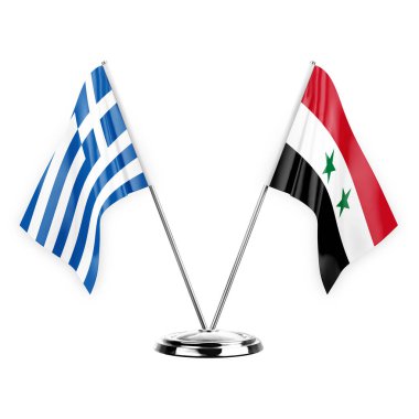 Two table flags isolated on white background 3d illustration, greece and syria