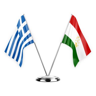 Two table flags isolated on white background 3d illustration, greece and tajikistan